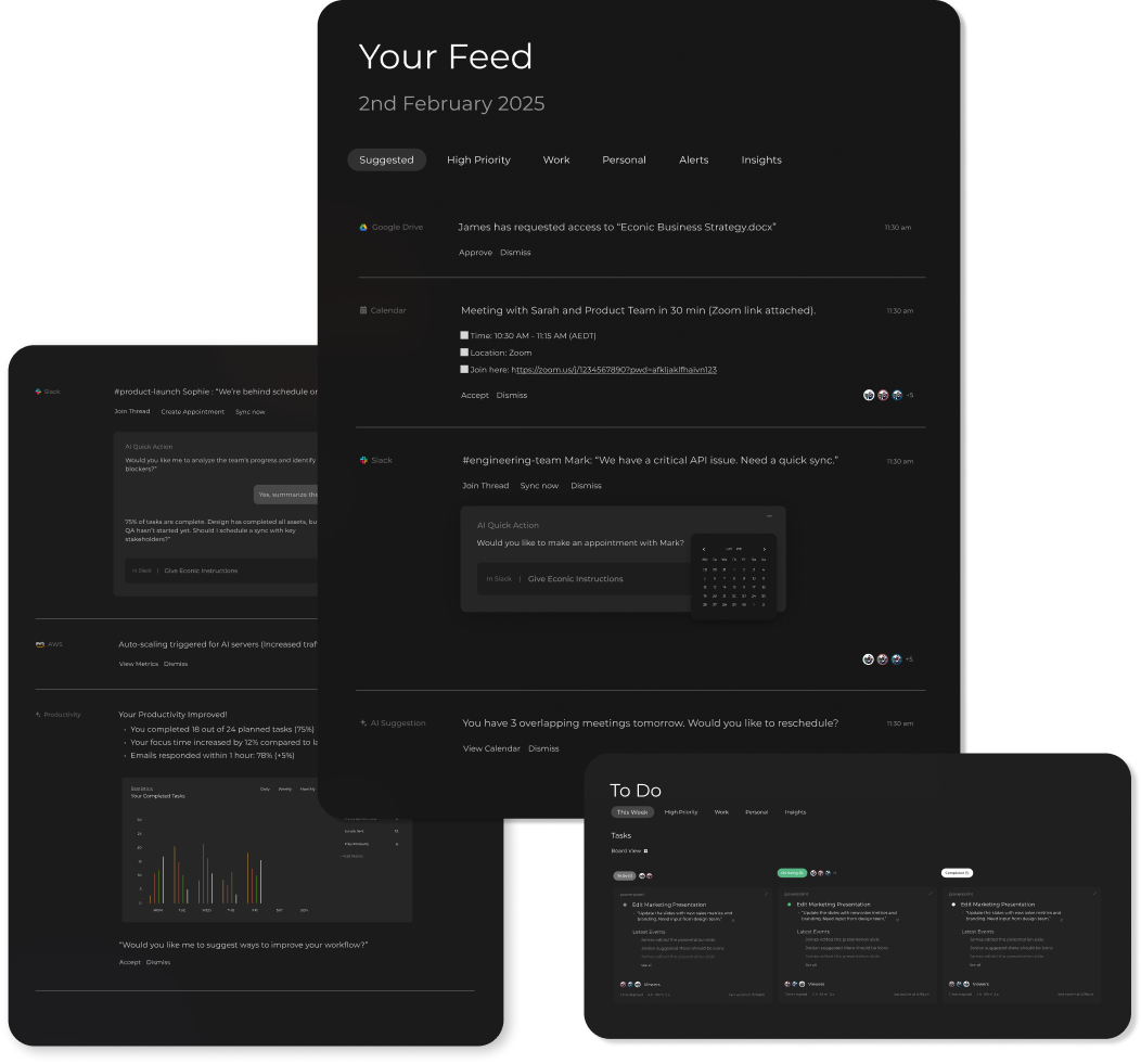 AI Search, visualisation graph and AI chat modules in the Econic UI