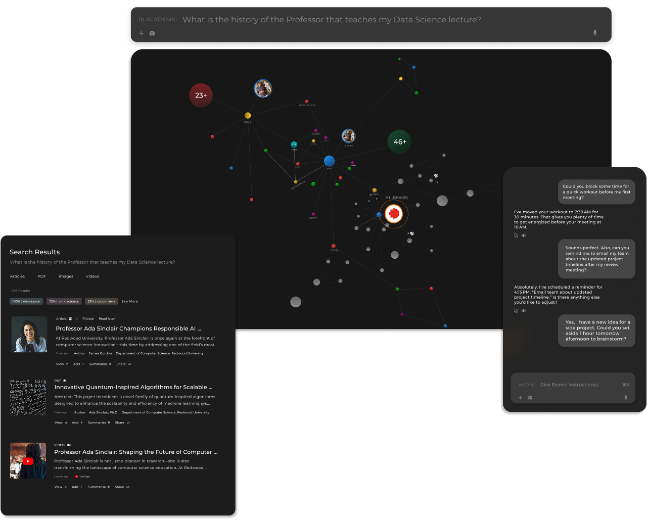 AI Search, visualisation graph and AI chat modules in the Econic UI